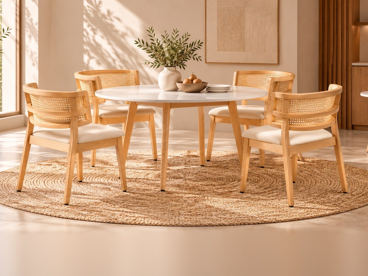 Asandi dining room with cane-back solid wood dining chairs, a round white dining table and a jute rug